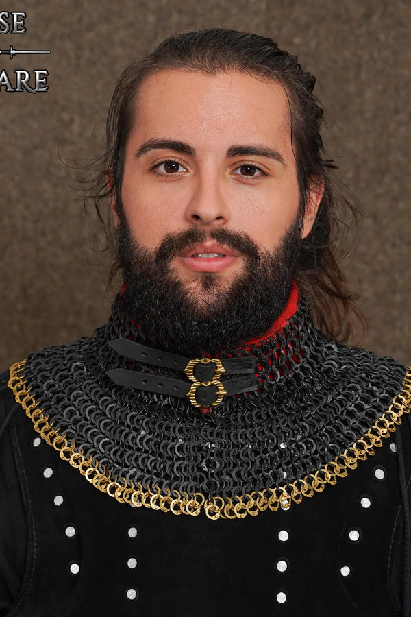 Chainmail standard, black, mixed riveted flat rings, 9 mm, brass edge