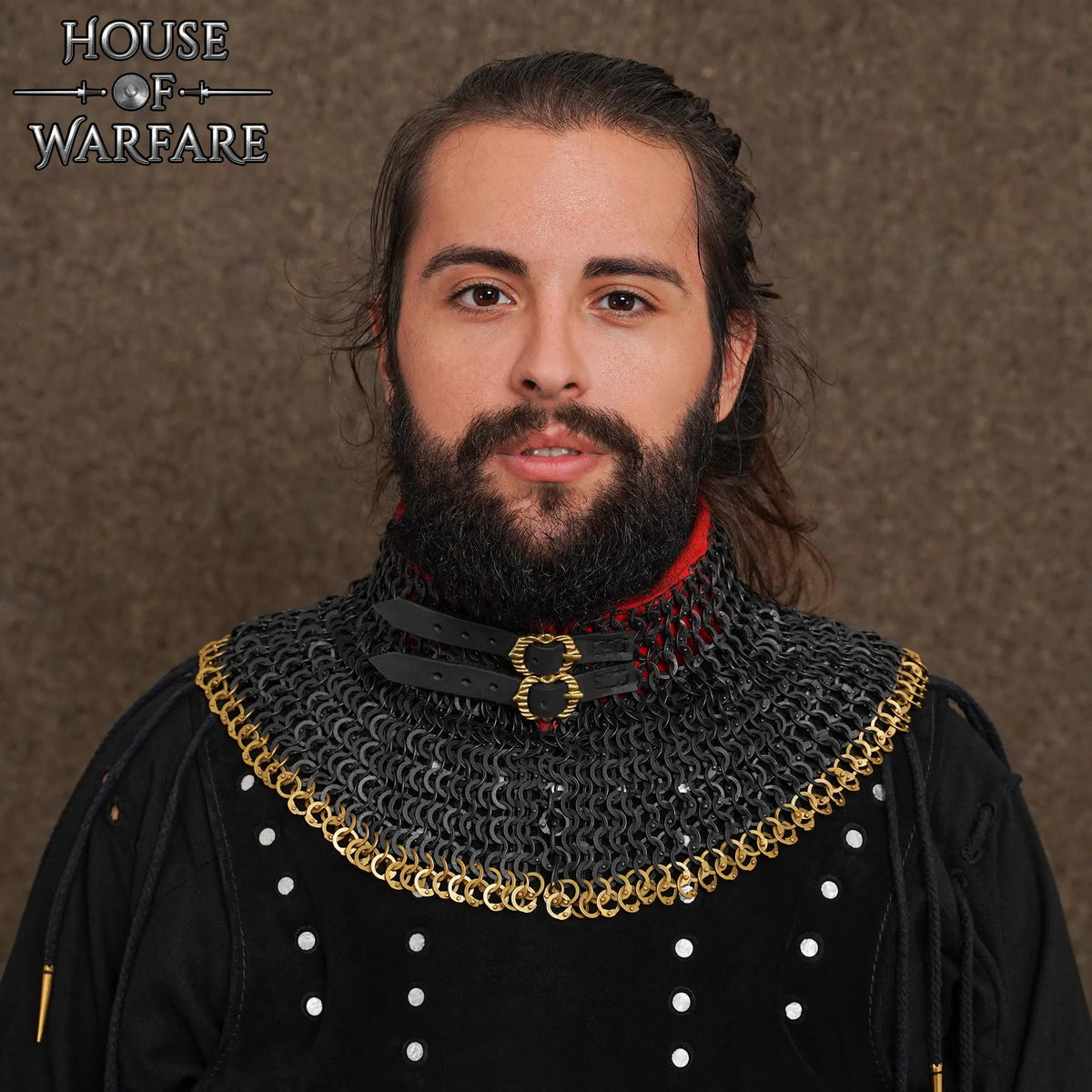 Chainmail standard, black, mixed riveted flat rings, 9 mm, brass edge