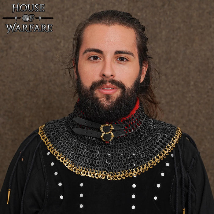 Chainmail standard, black, mixed riveted flat rings, 9 mm, brass edge