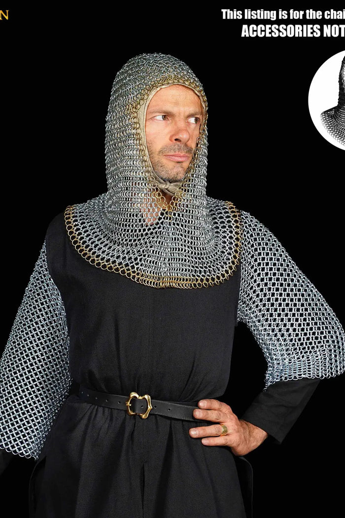 Galvanised chainmail coif, brass edge, butted round rings