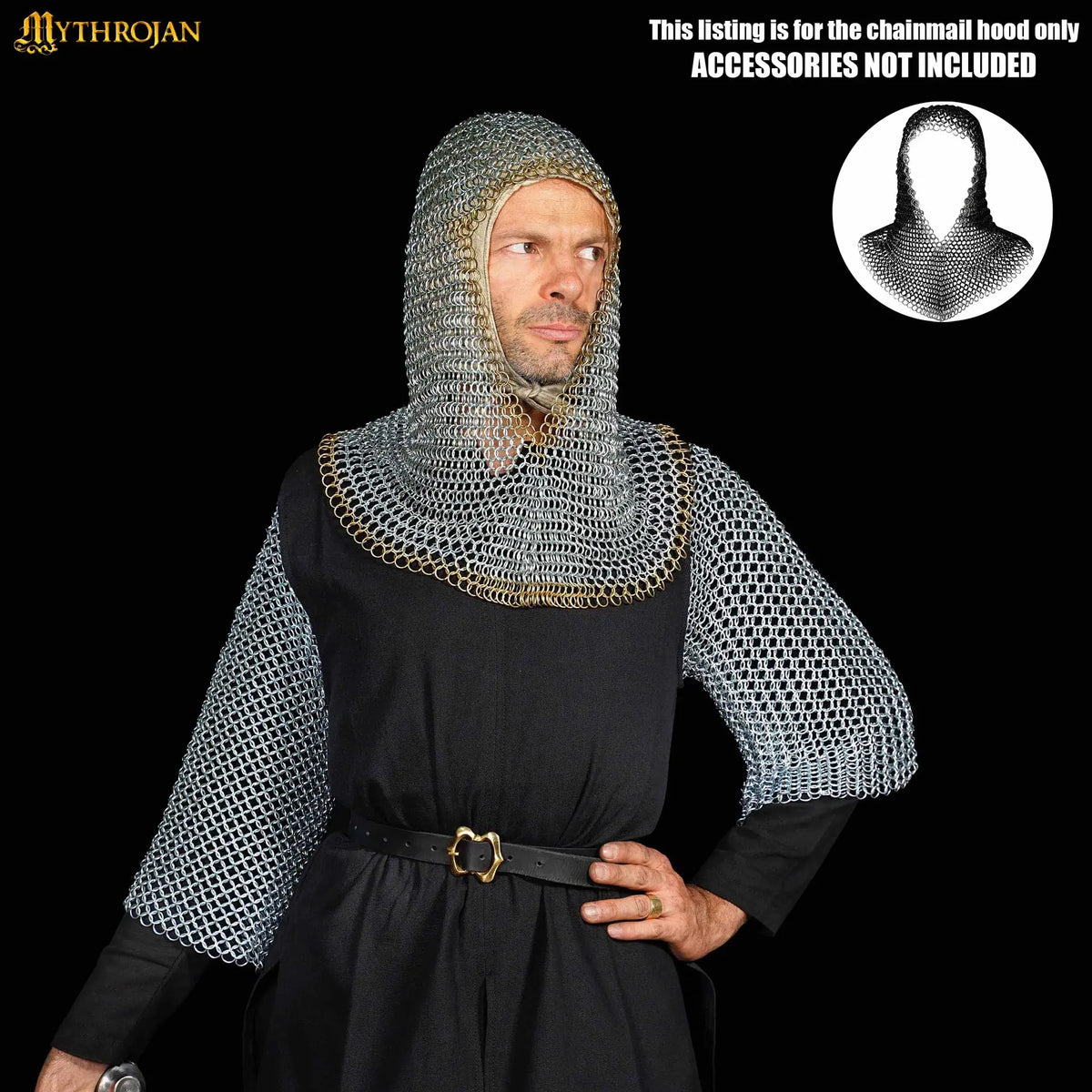 Galvanised chainmail coif, brass edge, butted round rings