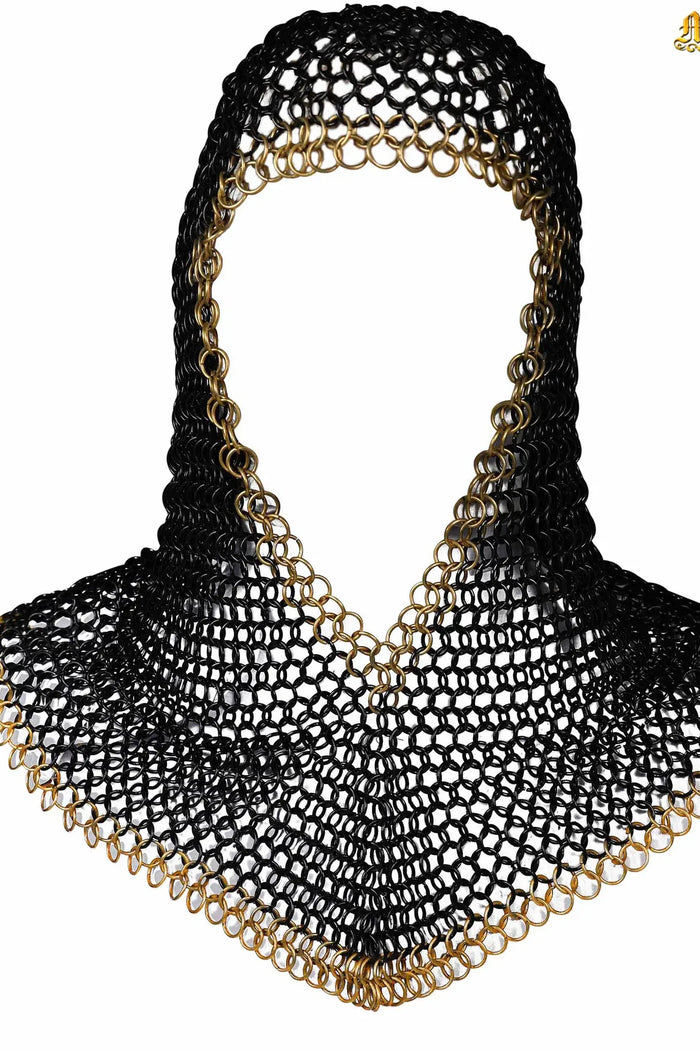 Black chainmail coif, brass edge, butted round rings