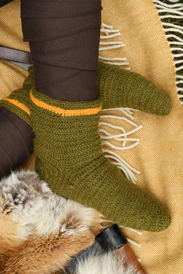 Crocheted socks, 100% wool, green-yellow