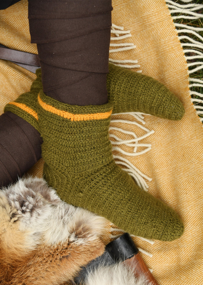 Crocheted socks, 100% wool, green-yellow