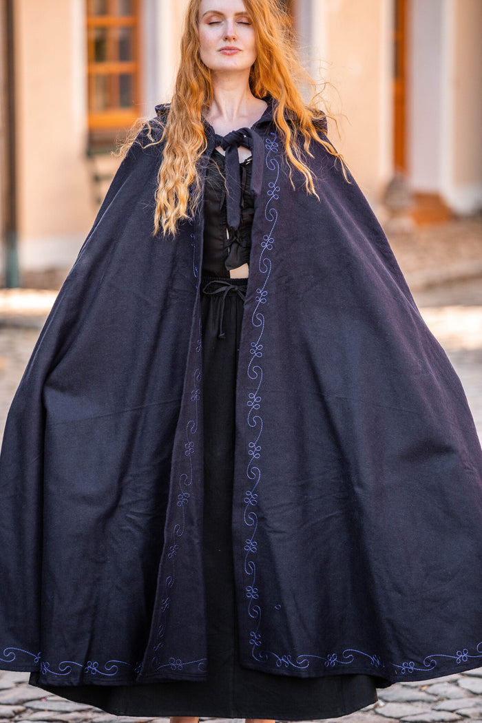 Embroidered cloak Damia, blue, wool mix