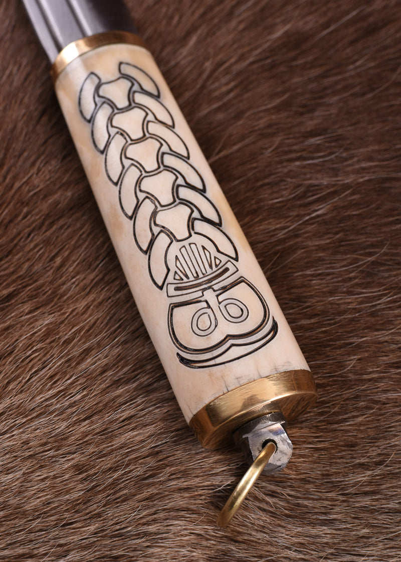 Piccolo sax vichingo norvegese con manico in osso decorato, semi-affilato