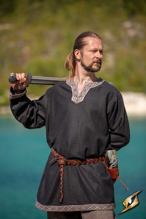 Viking tunic Hilmar, herringbone, black, wool blend