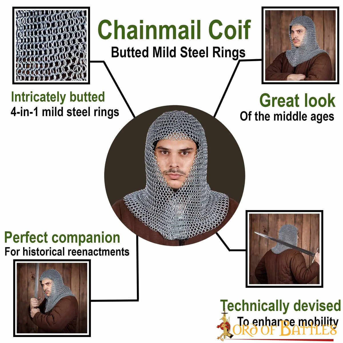 Chainmail coif, galvanised, butted round rings