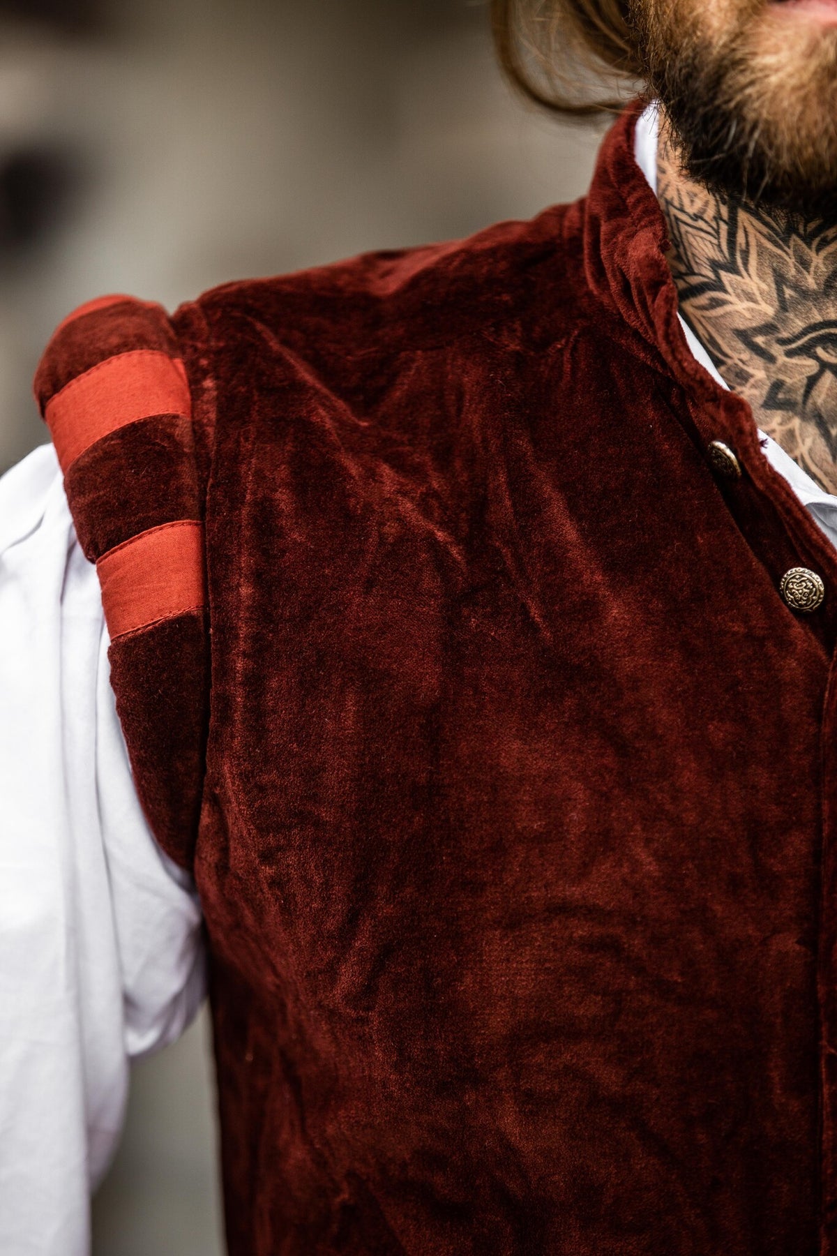 Velvet doublet with metal buttons, red