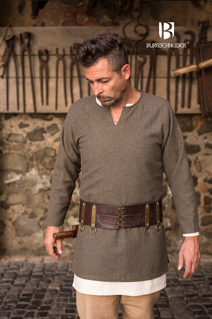 Viking tunic Tyr, olive gray, wool blend, herringbone