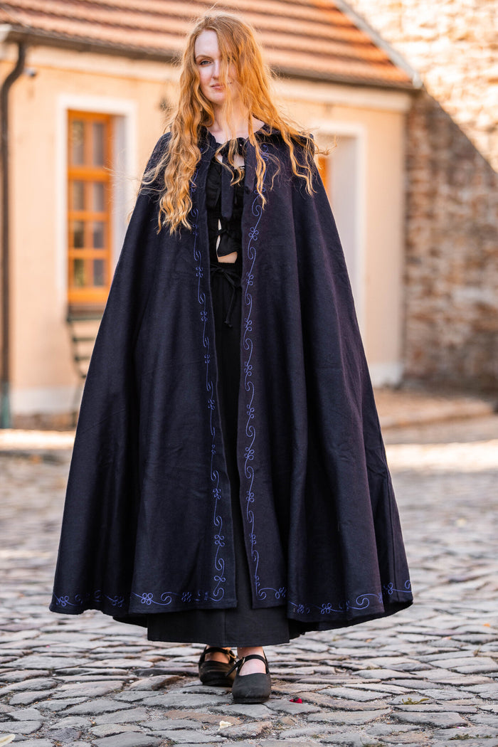 Embroidered cloak Damia, blue, wool mix