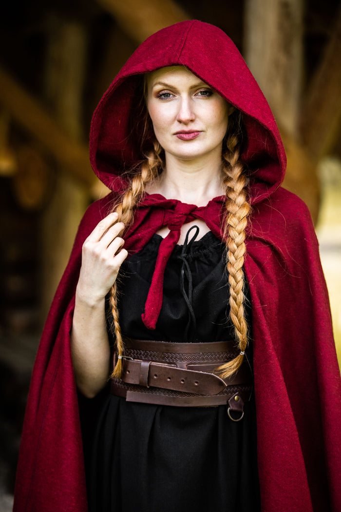 Medieval cloak with hood, red, wool mix