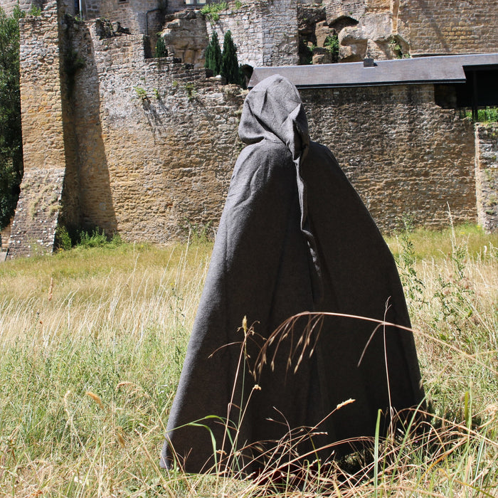 Medieval cloak with hood, grey, wool mix
