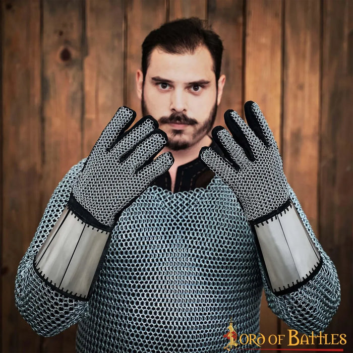 Chain mail gloves with steel plates, butted, 6 mm