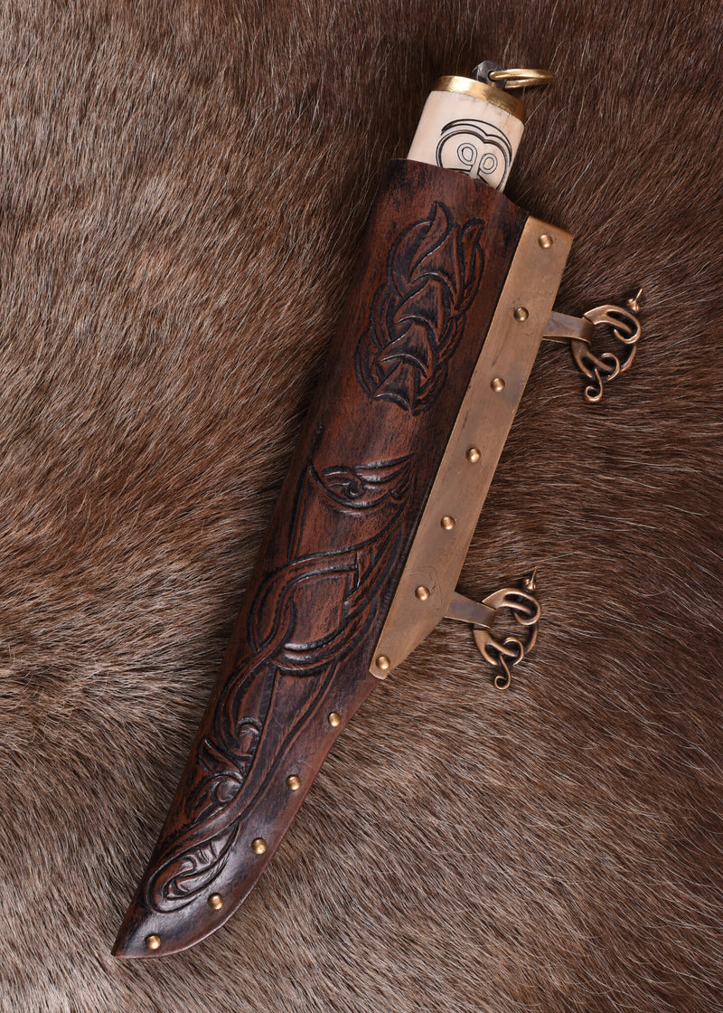 Piccolo sax vichingo norvegese con manico in osso decorato, semi-affilato