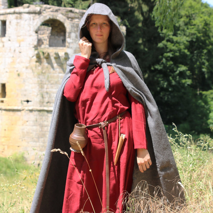 Medieval cloak with hood, grey, wool mix
