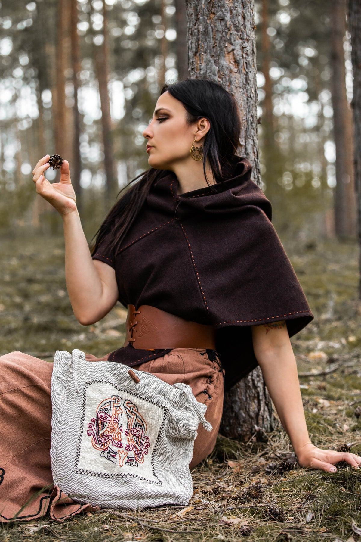 Embroidered Viking Bag Urnes with Herringbone Pattern