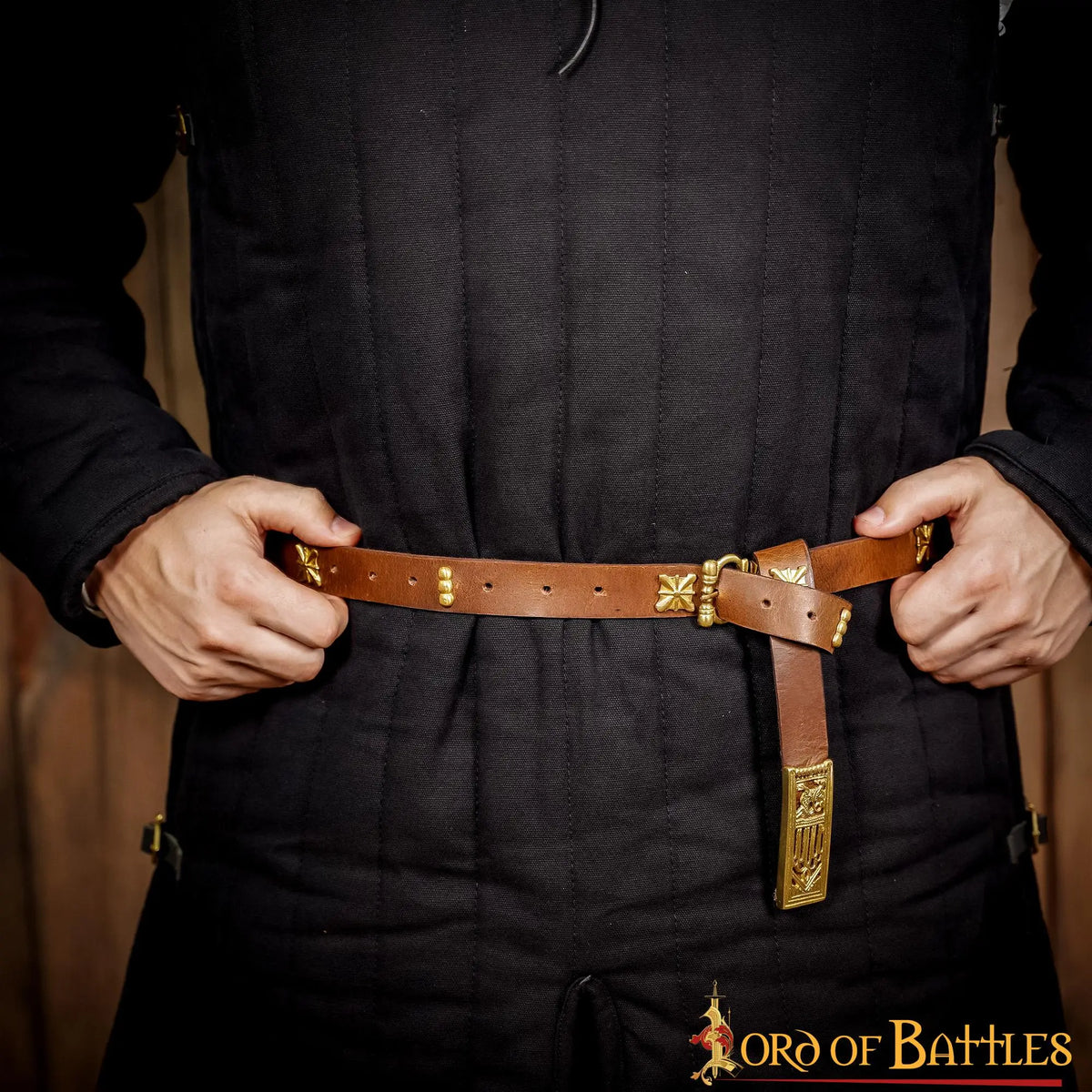 Medieval leather belt with brass fittings, brown