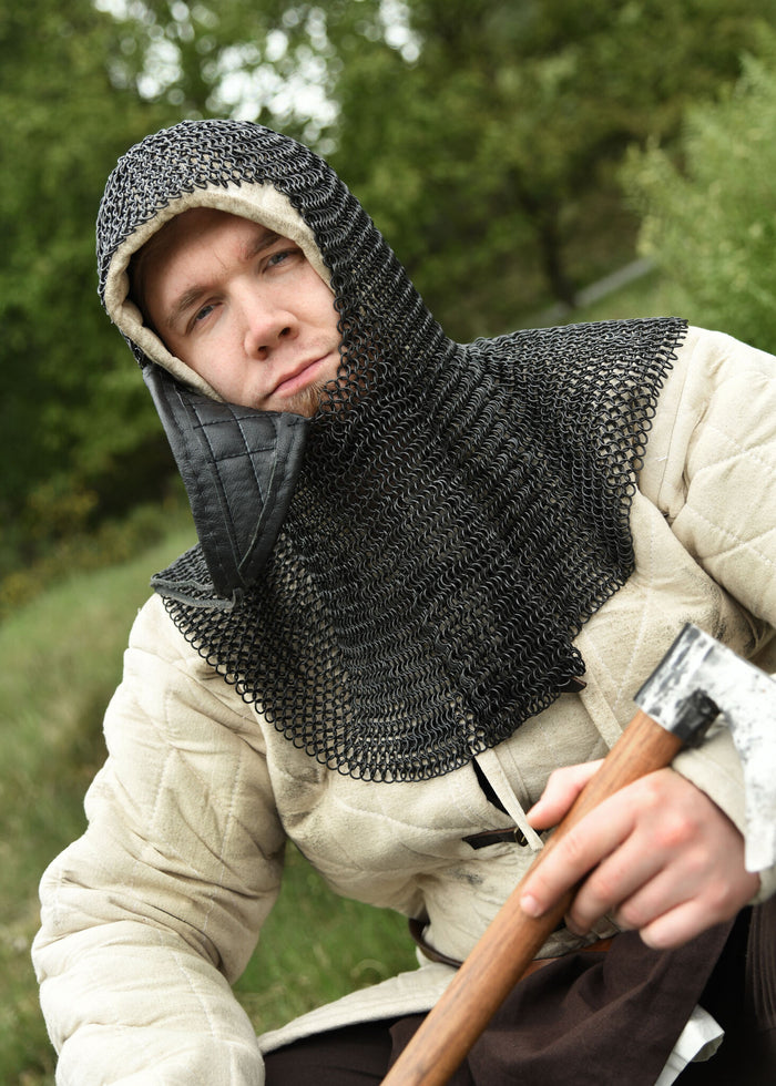 Chainmail coif with triangular ventail, blackened, 8 mm