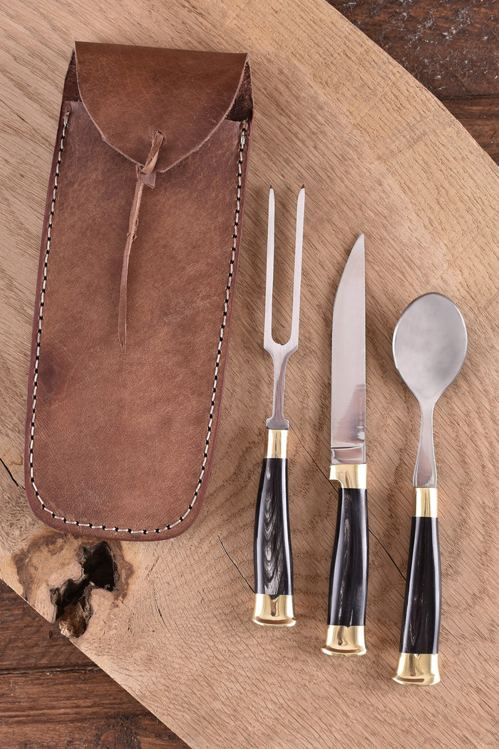 Horn cutlery set with pouch, stainless steel