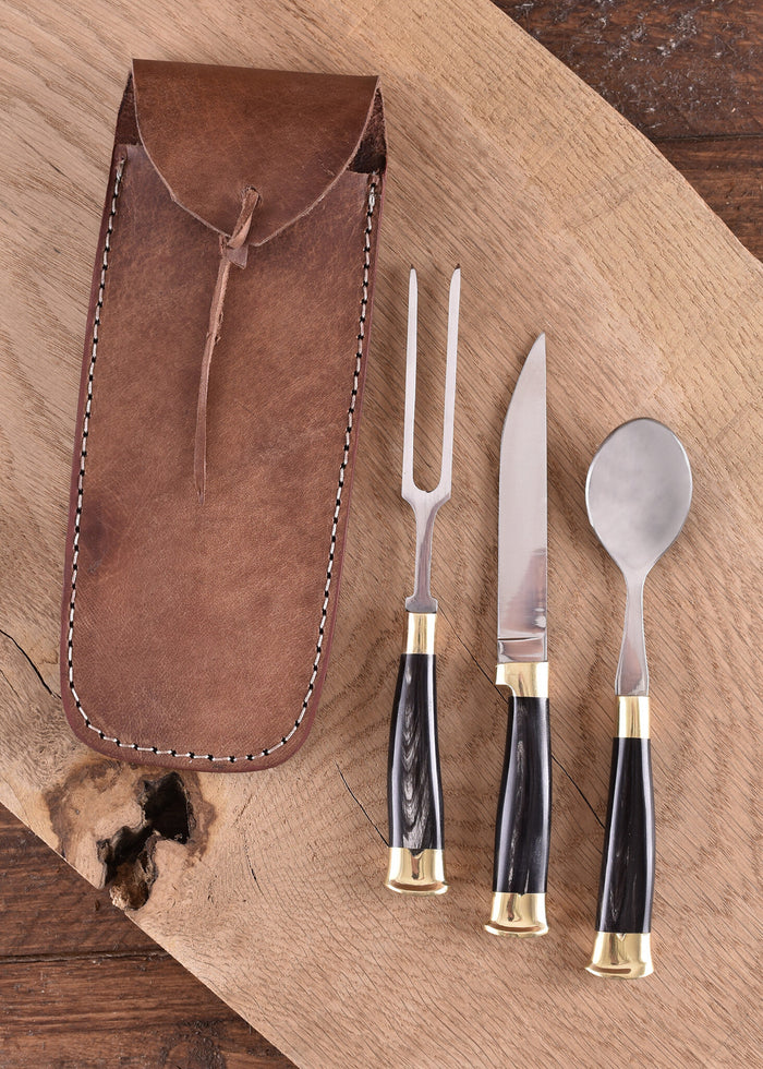 Horn cutlery set with pouch, stainless steel