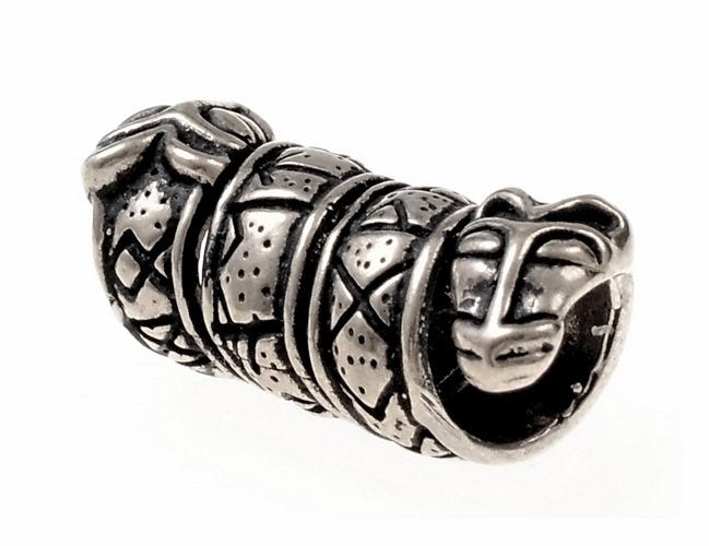 Beard bead with Runes and wolf heads, silvered bronze