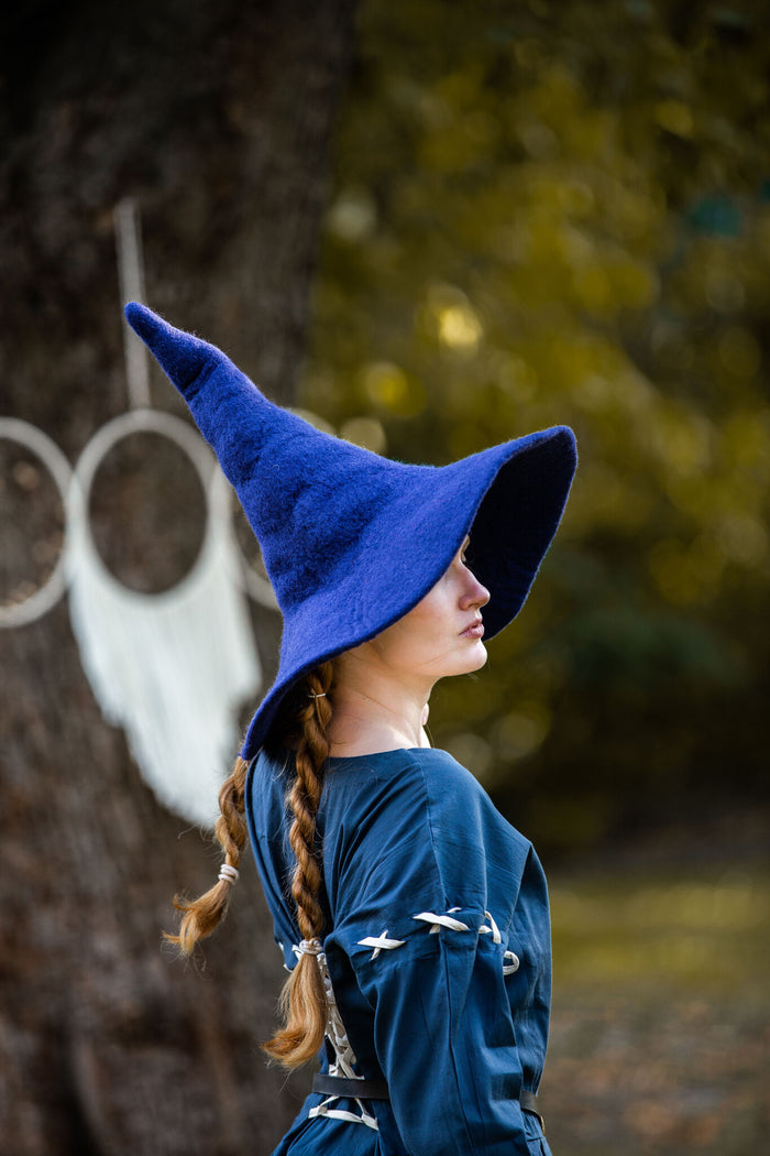 Witch hat, wool felt, blue