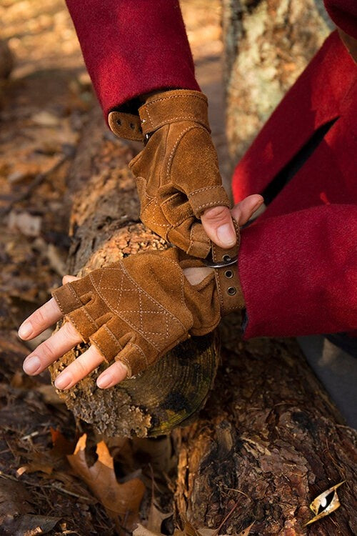 Suede leather fingerless gloves, brown