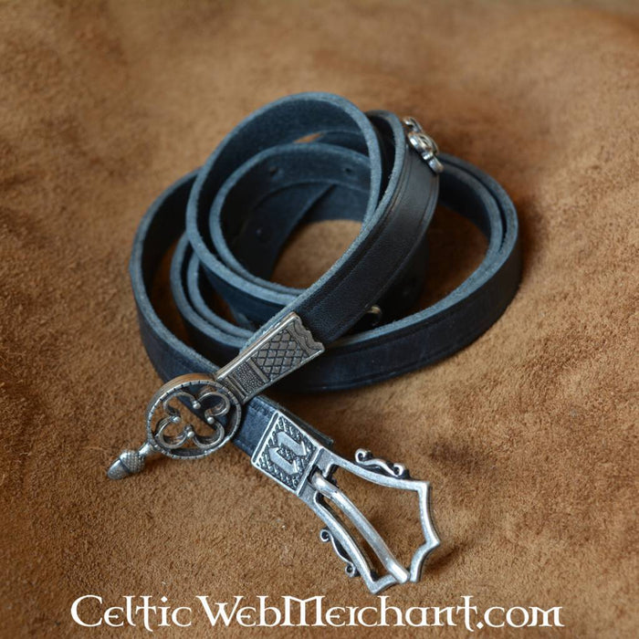 Gothic belt deluxe, black leather, brass buckle, 151 cm