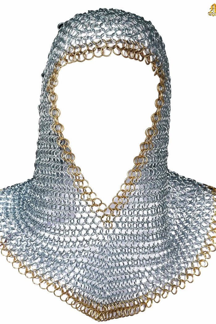 Galvanised chainmail coif, brass edge, butted round rings