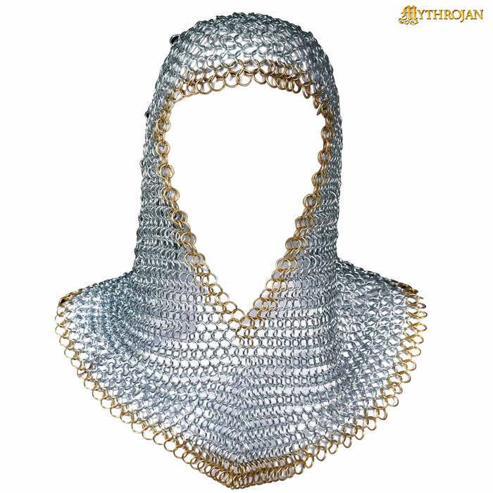 Galvanised chainmail coif, brass edge, butted round rings