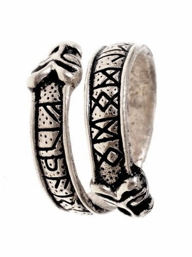 Viking rune ring with wolf heads, silvered bronze