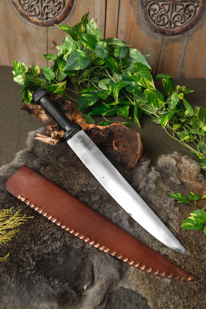 Dark Viking seax with wire wrapped grip, semi-sharp