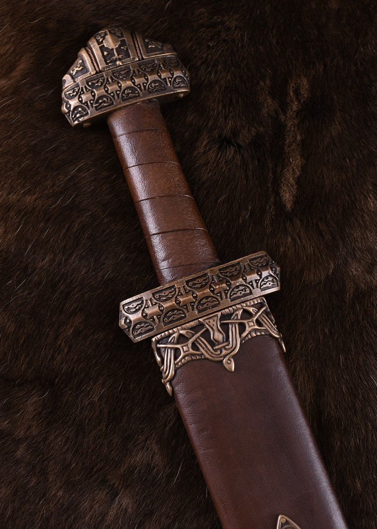 Viking sword island Eigg damascus steel, leather grip, semi-sharp