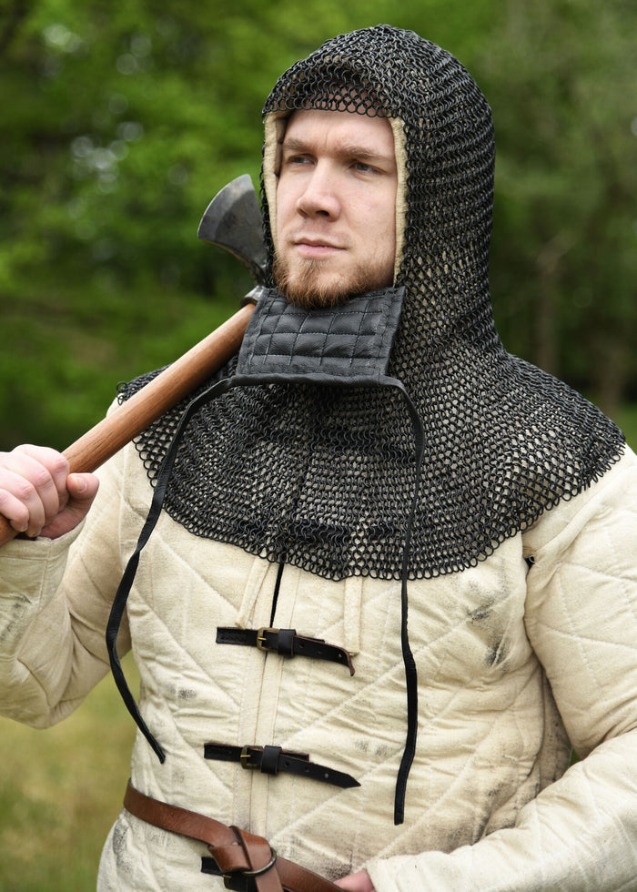 Chainmail coif with square ventail, bronzed, 8 mm