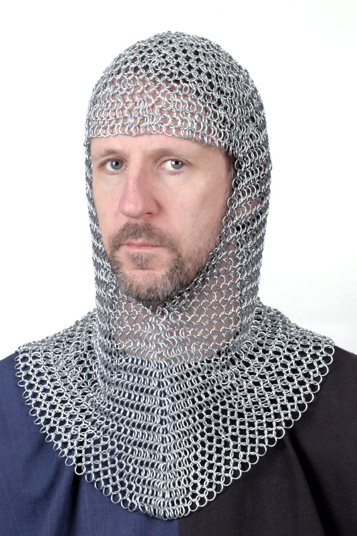 Chainmail coif with triangular neck, galvanised, 9 mm