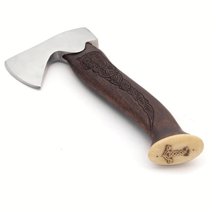 Stainless steel Viking hand axe with Mjolnir, semi-sharp