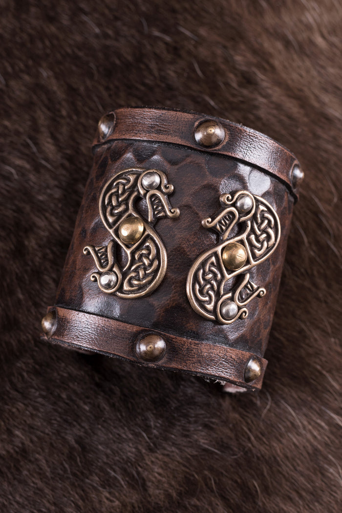 Viking bracelet with dragons, leather