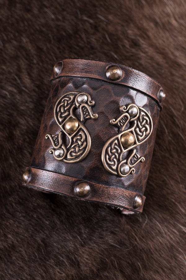 Viking bracelet with dragons, leather
