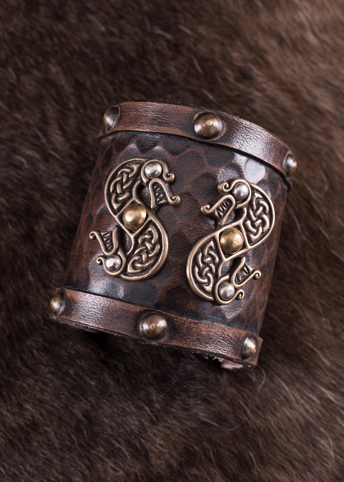 Viking bracelet with dragons, leather