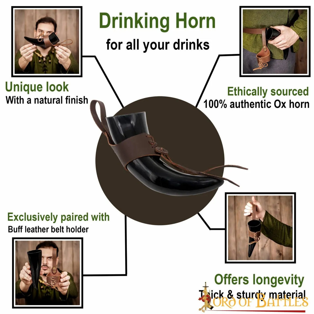 Natural drinking horn with leather holder