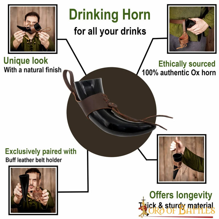 Natural drinking horn with leather holder