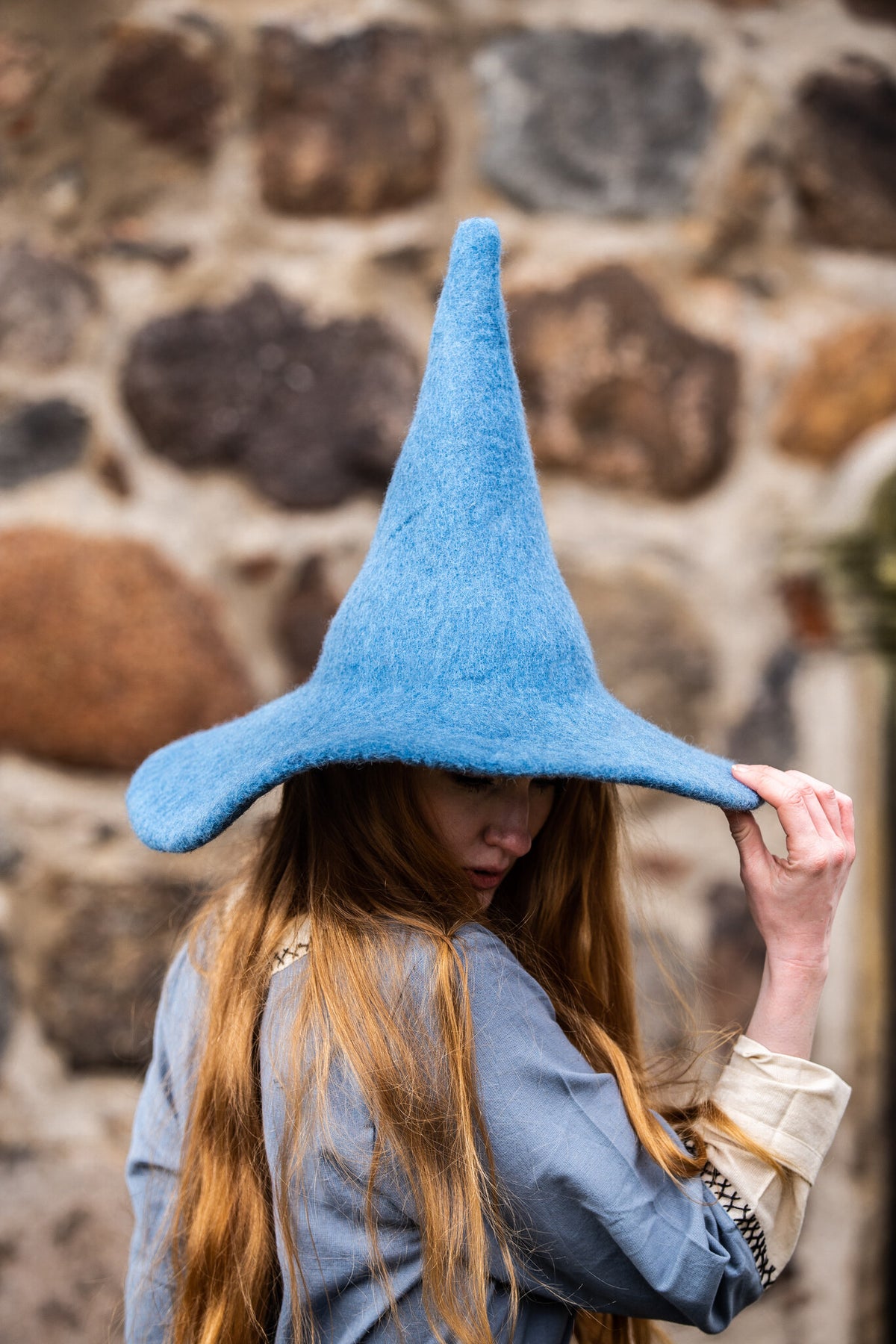 Witch hat, light blue, wool mix