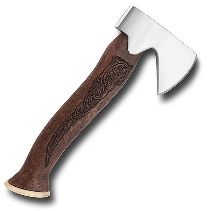 Stainless steel Viking hand axe with Mjolnir, semi-sharp