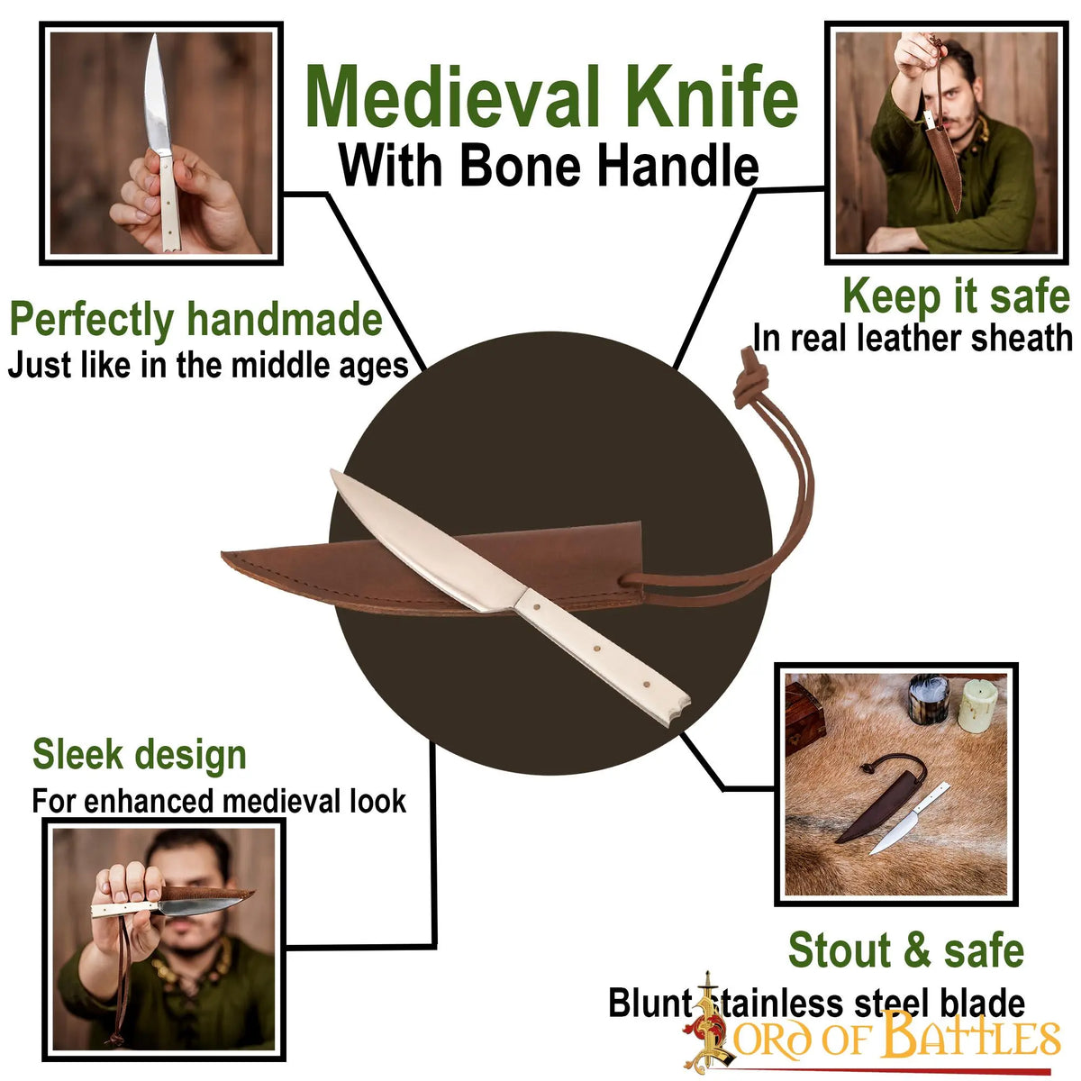 15th century dining knife with bone handle, stainless steel