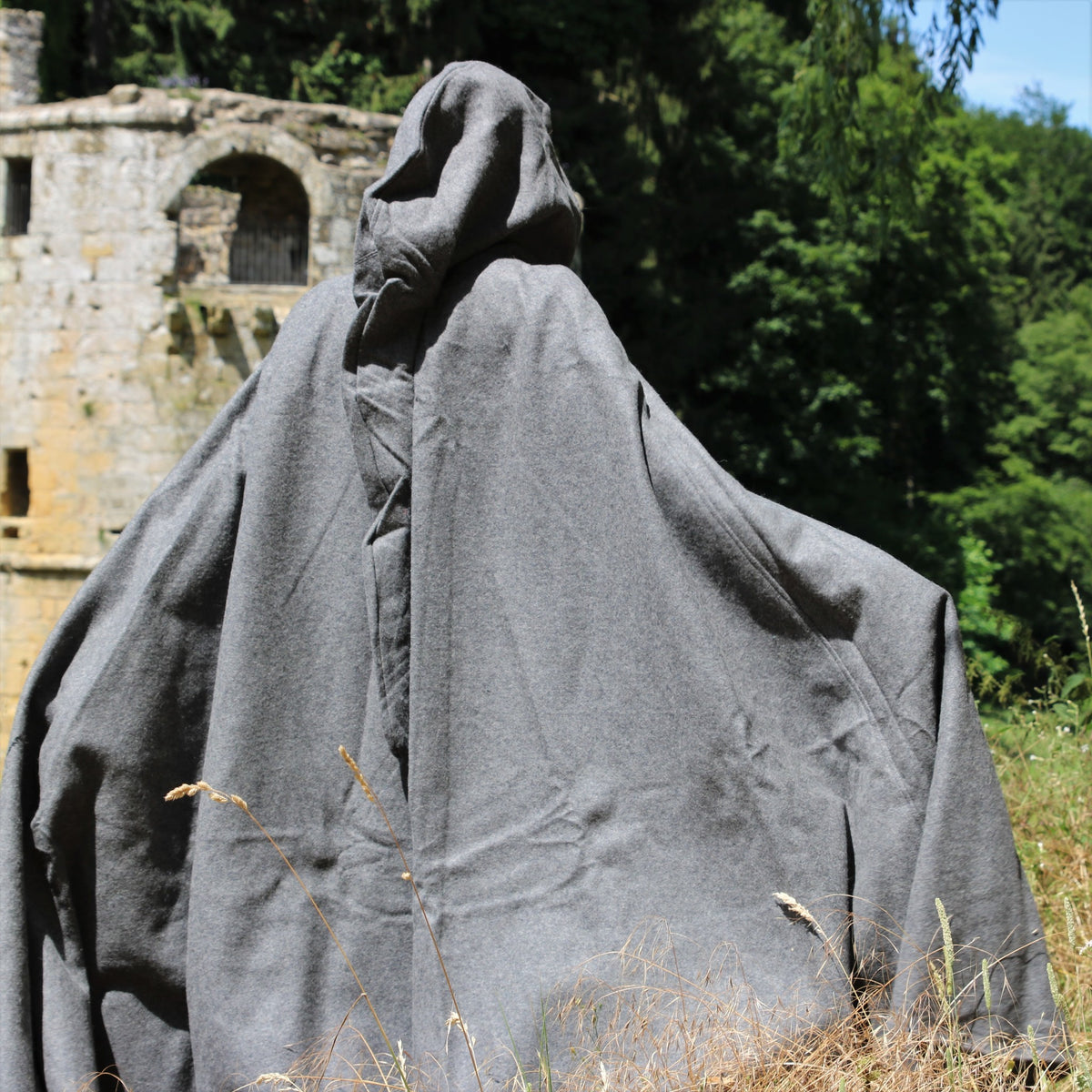 Medieval cloak with hood, grey, wool mix
