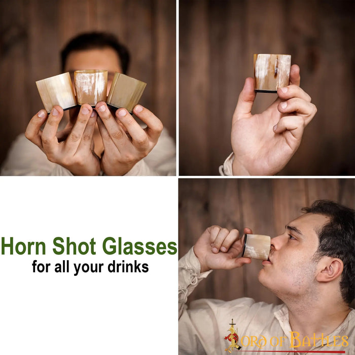 Three horn shot glasses, 100-200 ml