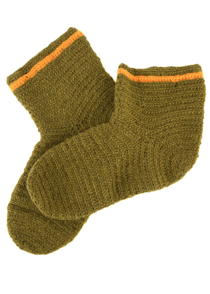 Crocheted socks, 100% wool, green-yellow