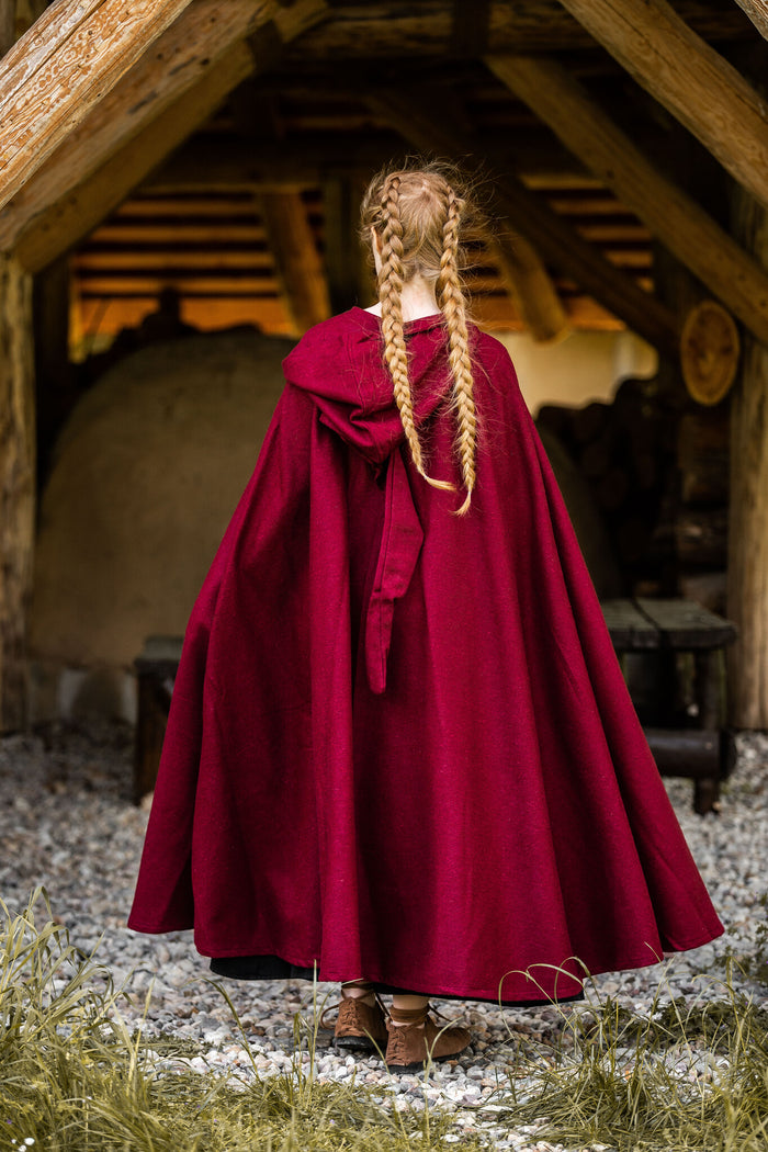 Medieval cloak with hood, red, wool mix