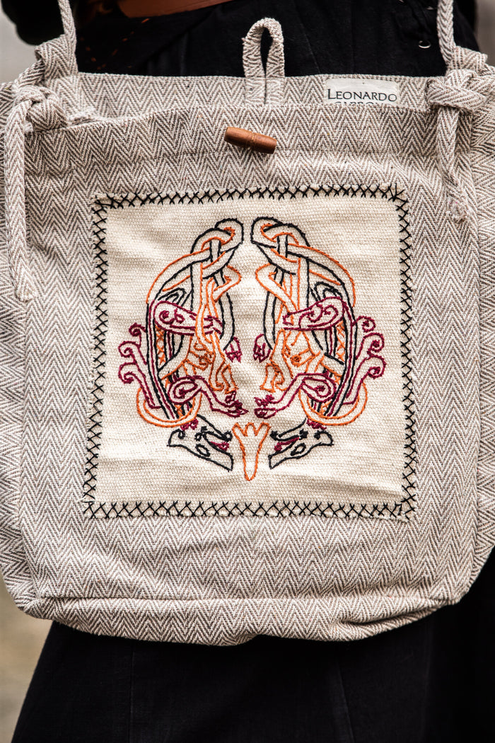 Embroidered Viking Bag Urnes with Herringbone Pattern